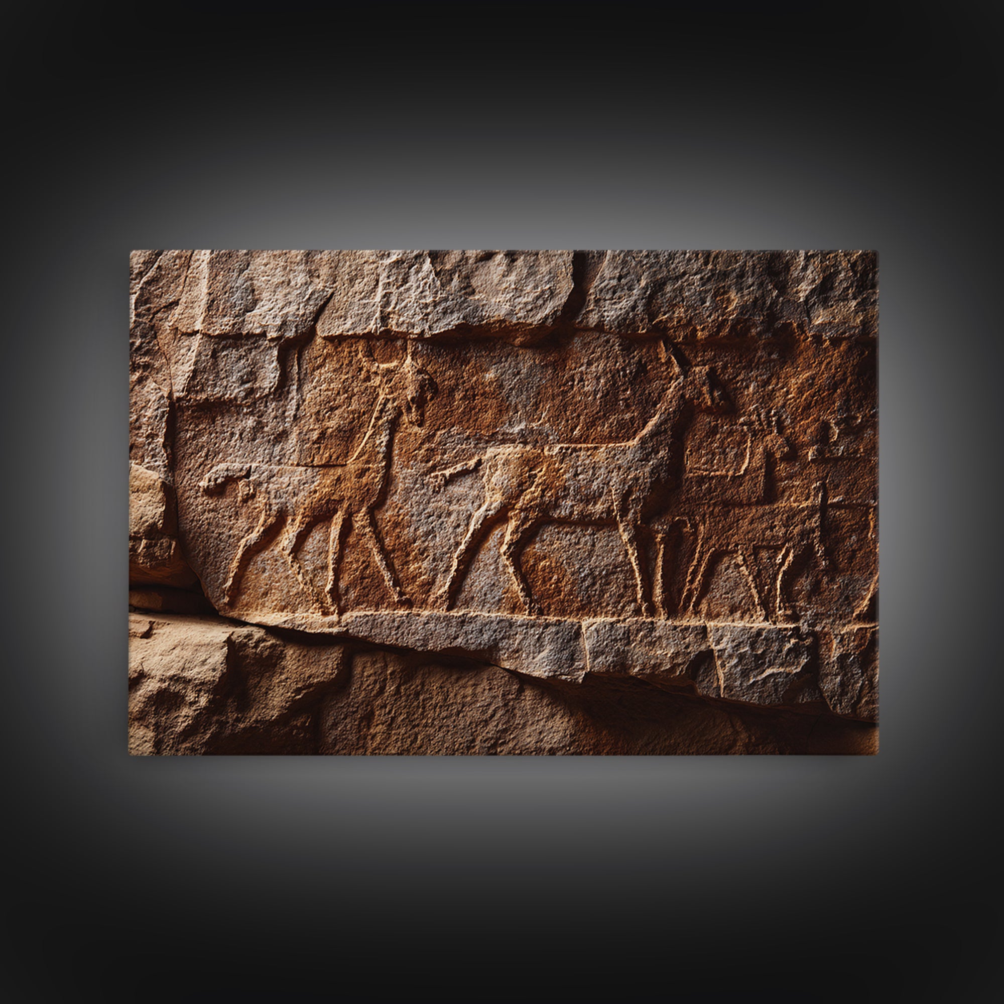 Carved Petroglyph Animal Procession Framed Canvas Print, African Tribal Art, Rustic Rock Wall Decor, Cultural Home Decor Gift