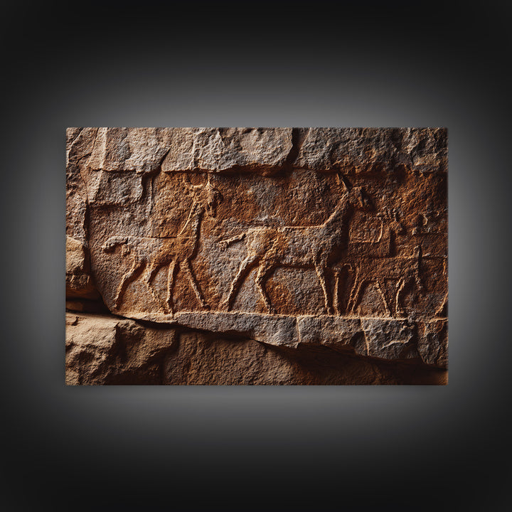 Carved Petroglyph Animal Procession Framed Canvas Print, African Tribal Art, Rustic Rock Wall Decor, Cultural Home Decor Gift