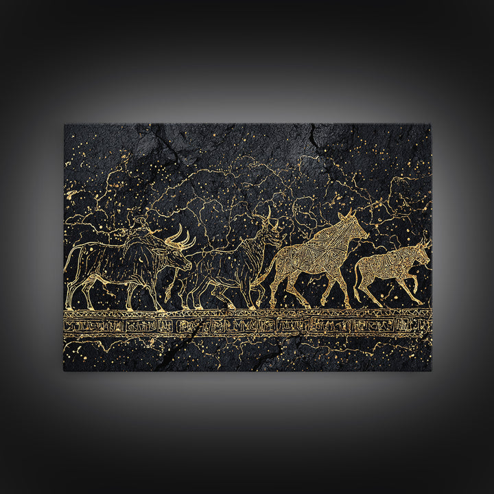 Gold Line Cattle Procession Wall Art, Black African Art, Tribal Animal Print, Luxury Canvas Decor, Modern Cultural Home Gift