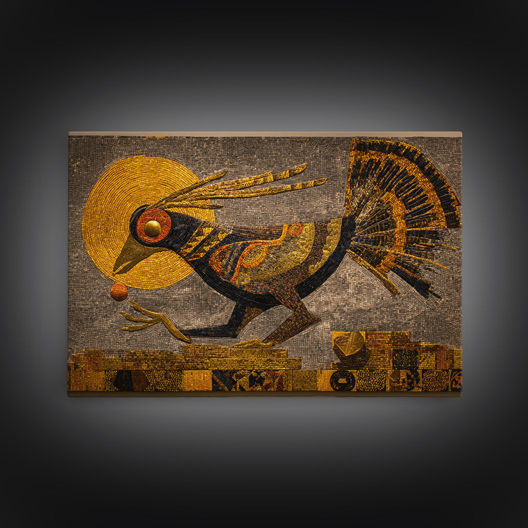 Golden Tribal Bird With Sun Wall Art, African Inspired Mosaic Canvas, Afrocentric Decor, Ethnic Pattern, Luxury Home Decor Gift