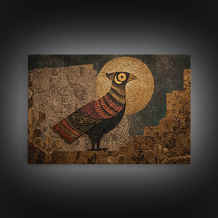Halo Bird In Ancient Garden Wall Art, African Inspired Print, Gold Mosaic Texture, Boho Wall Decor, Ethnic Home Decor Gift