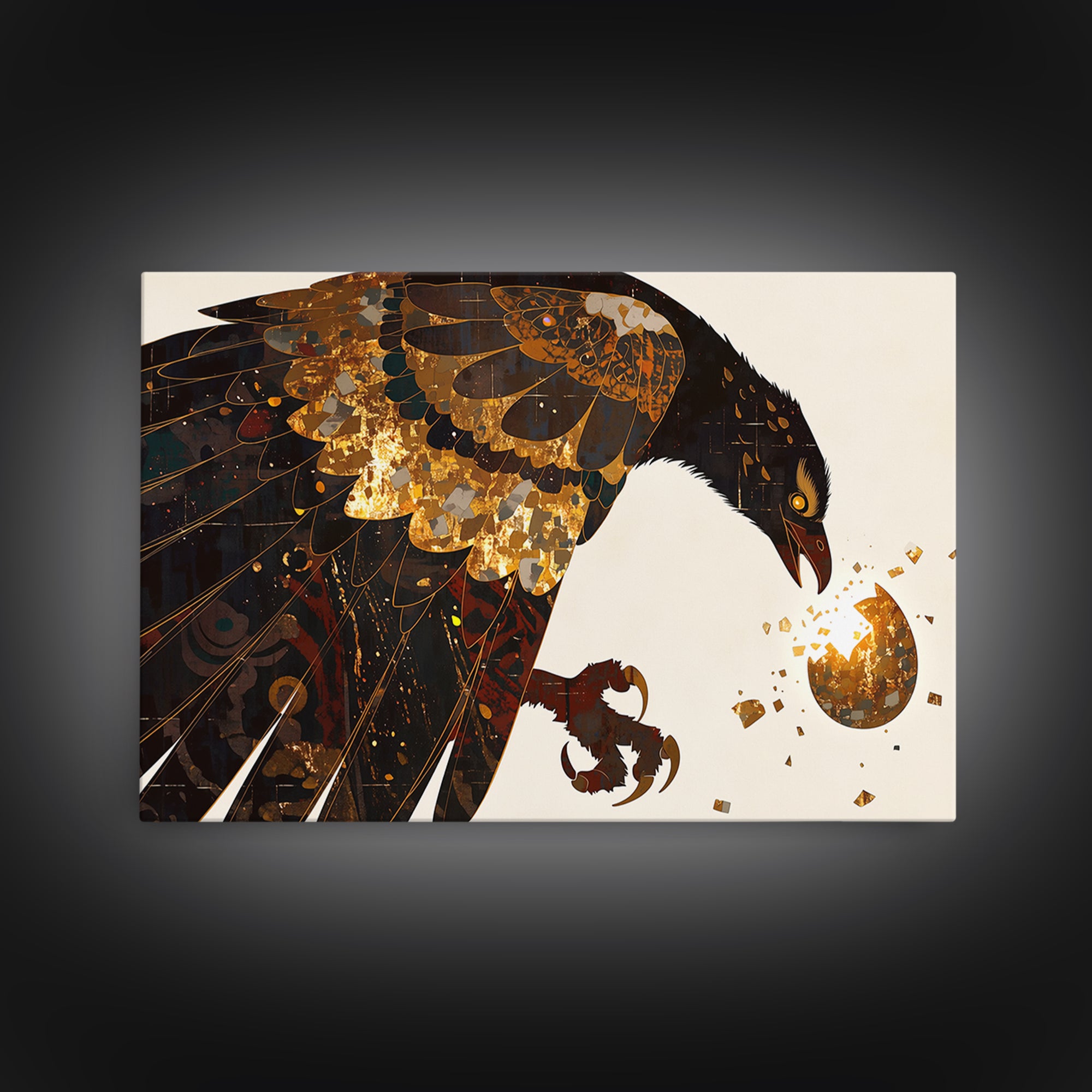 Golden Falcon Breaking Egg Canvas Print, Mythic Bird Wall Art, African Inspired Decor, Bold Contemporary Art, Unique Home Decor