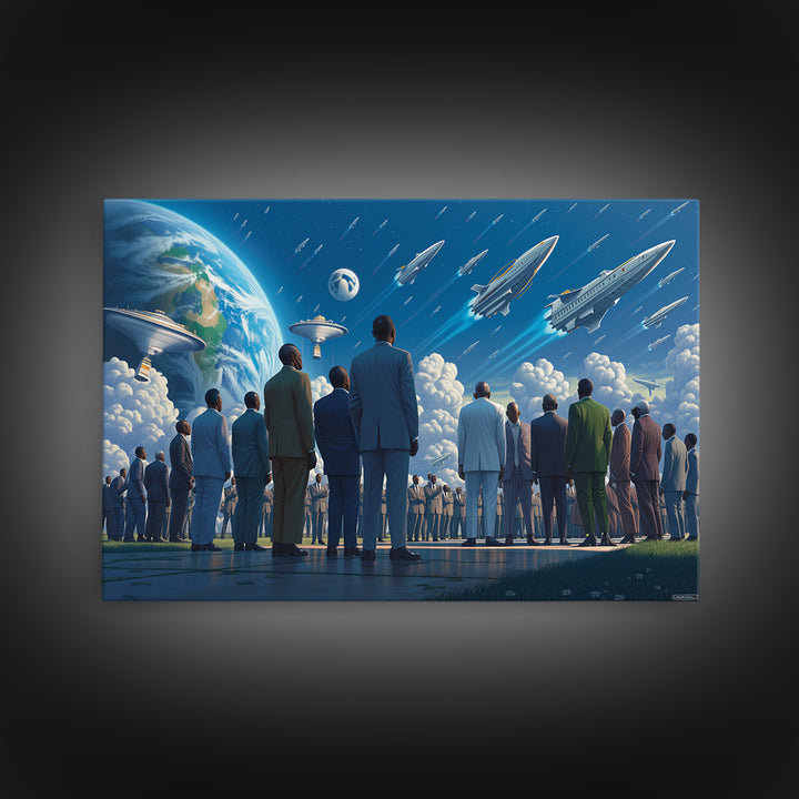 Afrofuturist Crowd Watching Spaceships Wall Art, Black Culture Art, Sci Fi African Inspired Canvas, Modern Statement Decor