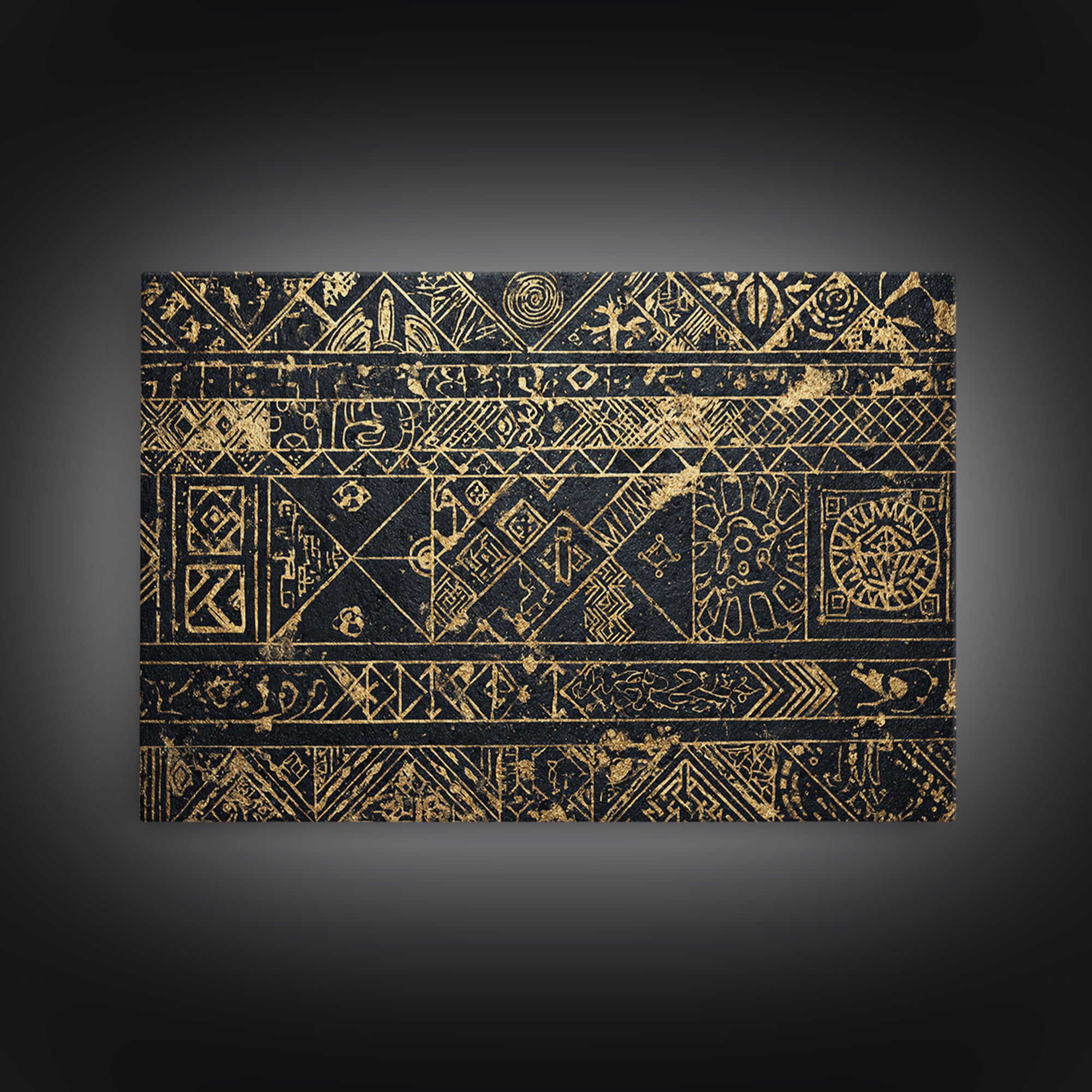 Black Gold Tribal Pattern Wall Art, African Abstract Geometric Canvas Print, Kuba Inspired Textile Art, Ethnic Wall Decor