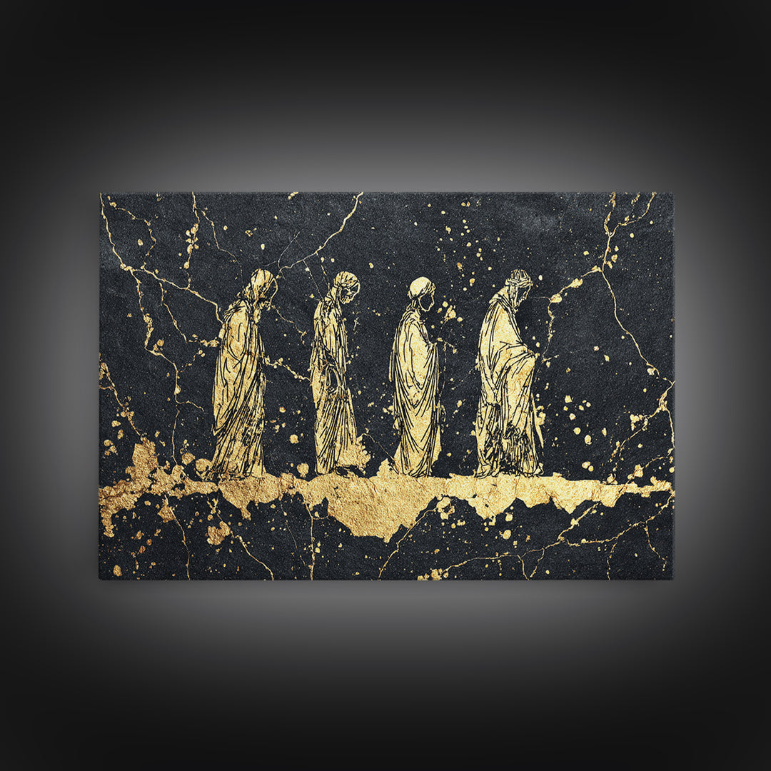 Gold Robed Ancestors On Black Marble Wall Art, African Tribal Art Print, Spiritual Diaspora Decor, Black And Gold Canvas