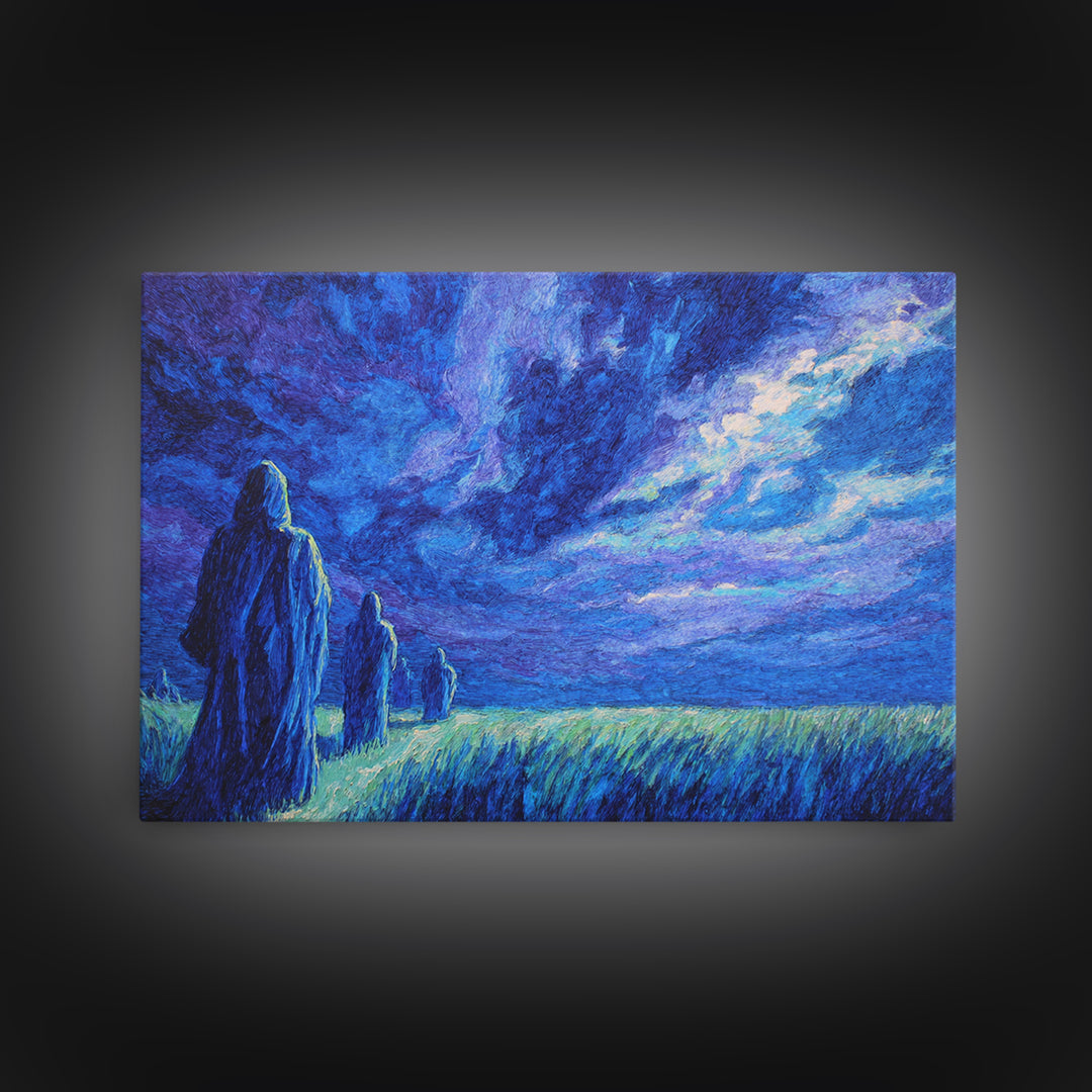 Blue Storm Pilgrims In Moonlit Grass Wall Art, African Landscape, Mystical Wall Art Print, Spiritual Home Decor Canvas Gift