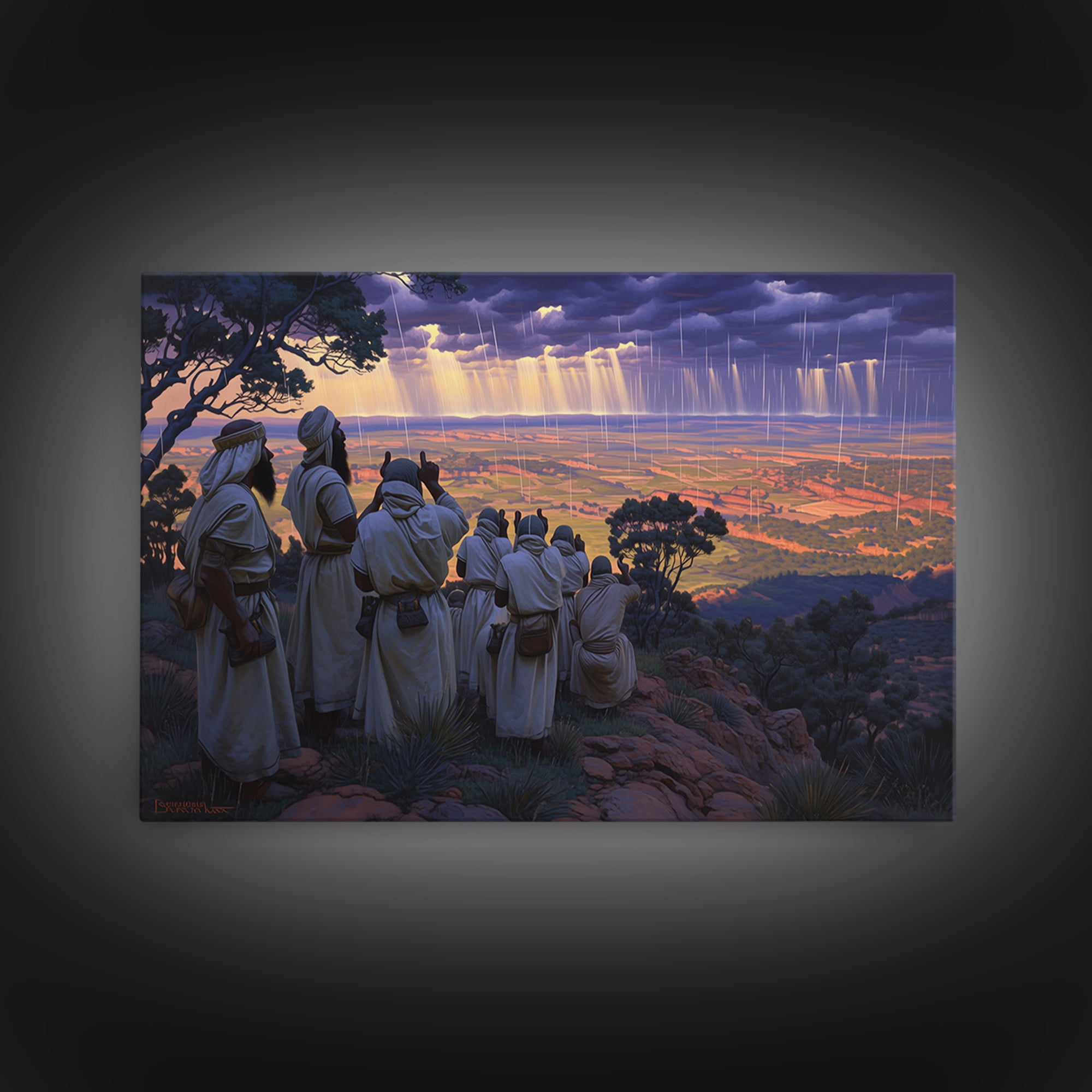 Robed Watchers Over Rainlit Valley Wall Art, African Landscape, Spiritual Wall Decor, Safari Art, Statement Canvas Print