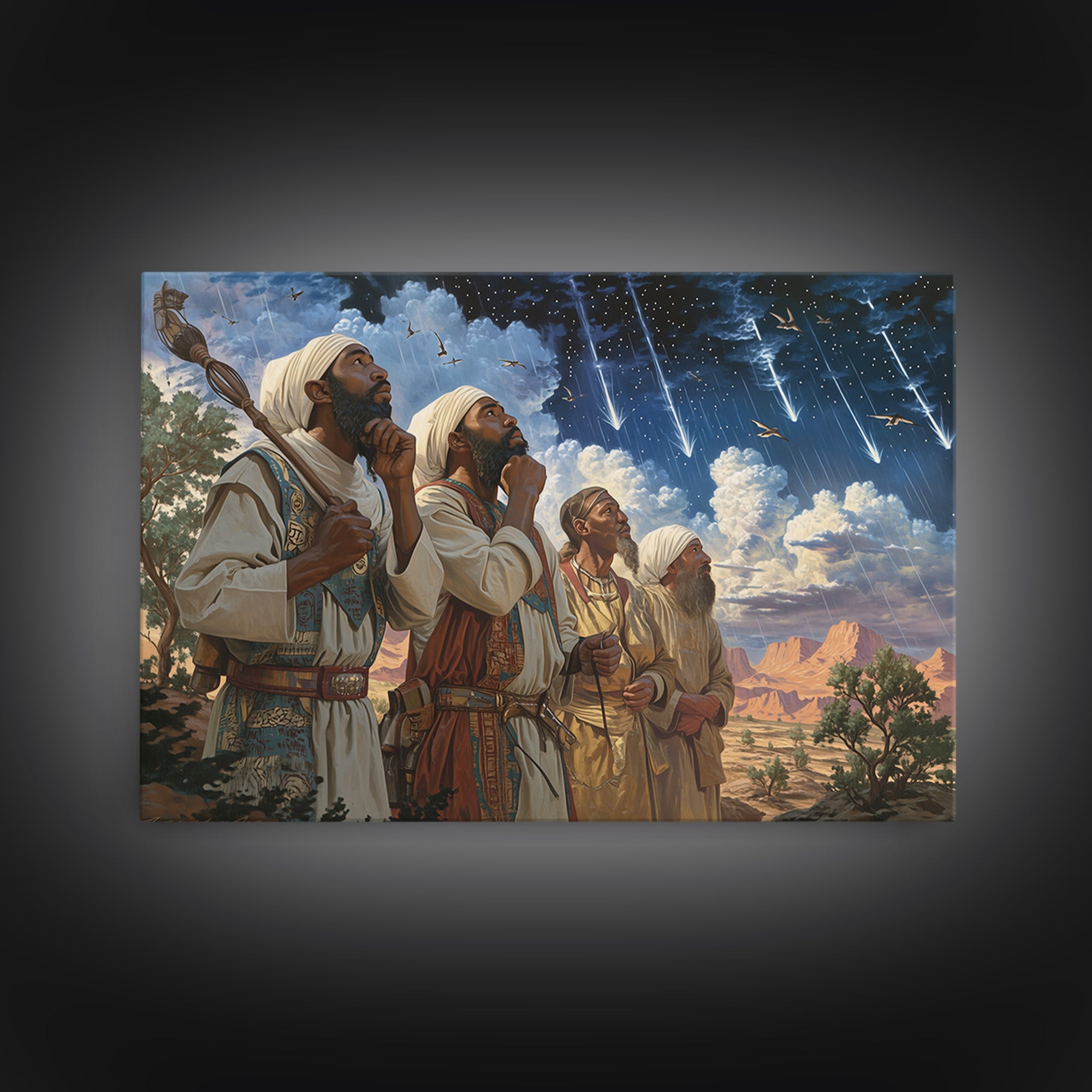 Star Gazing Prophets Beneath Meteor Sky Framed Canvas Print, African Inspired, Spiritual Wall Art, Desert Home Decor Gift