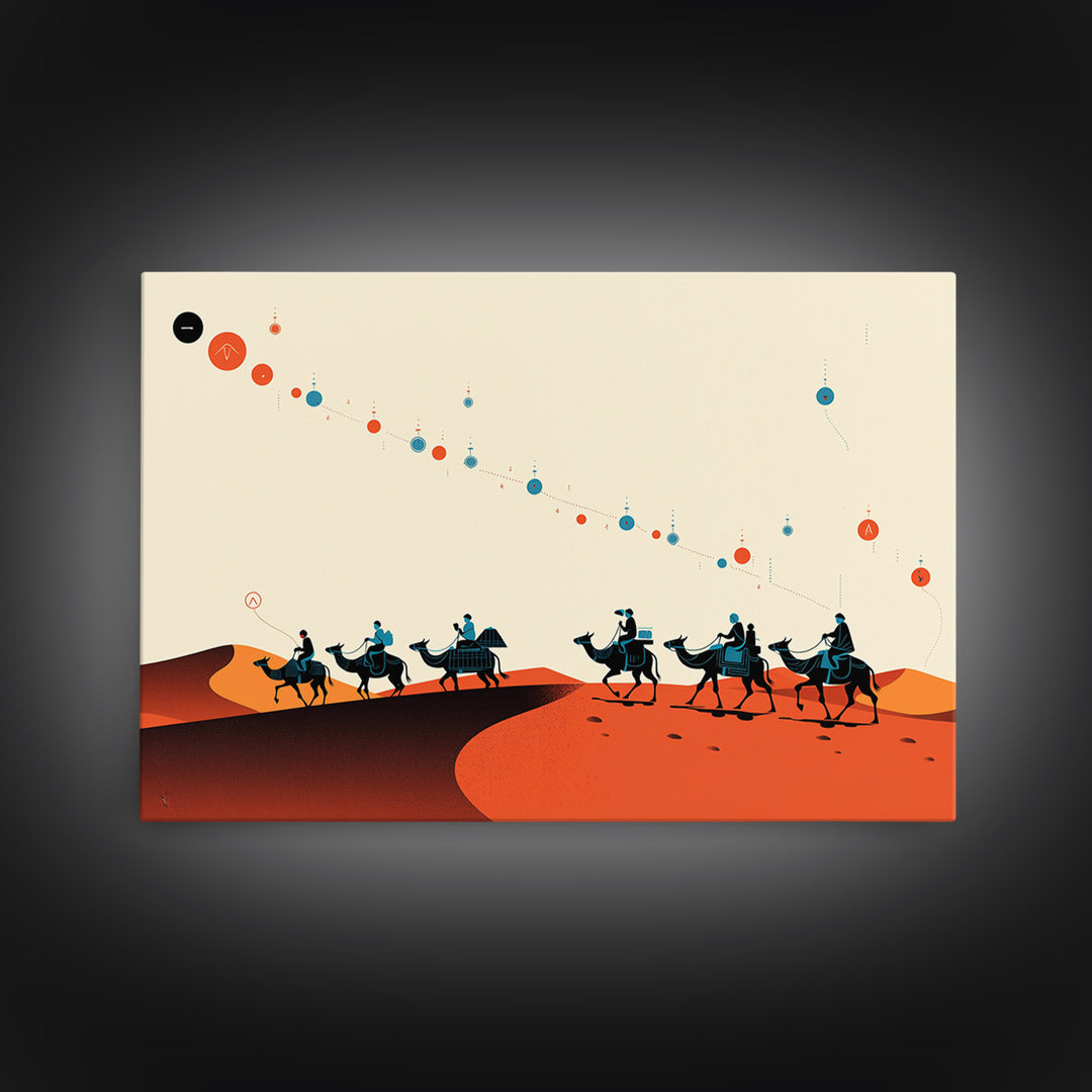 Minimal Camel Caravan Across Orange Dunes Wall Art, African Safari Art, Boho Desert Decor, Travel Poster Canvas Print Gift