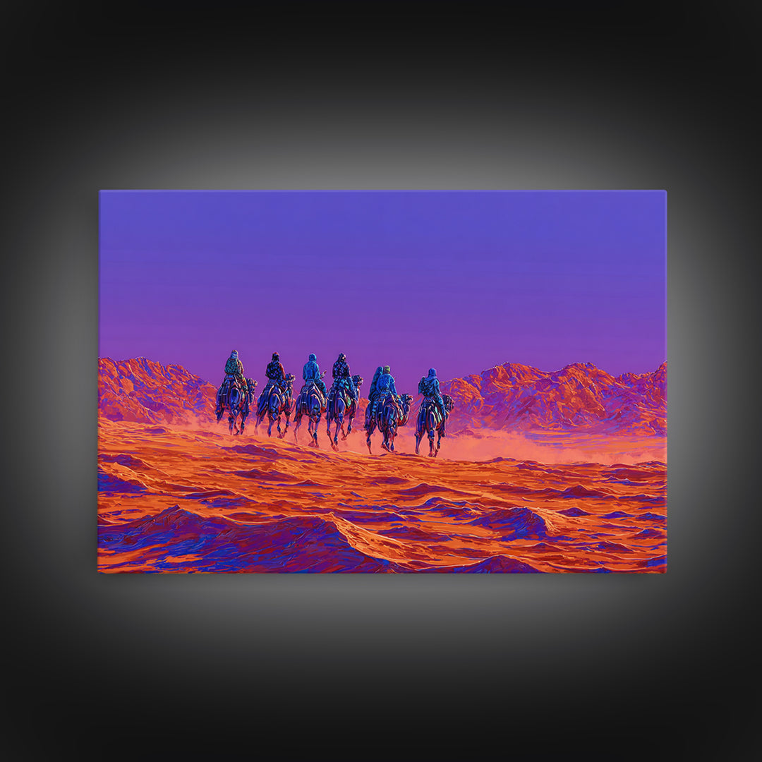 Violet Desert Riders Across Neon Dunes Wall Art, African Warrior Art, Vibrant Safari Decor, Modern Canvas Print Gift For Him