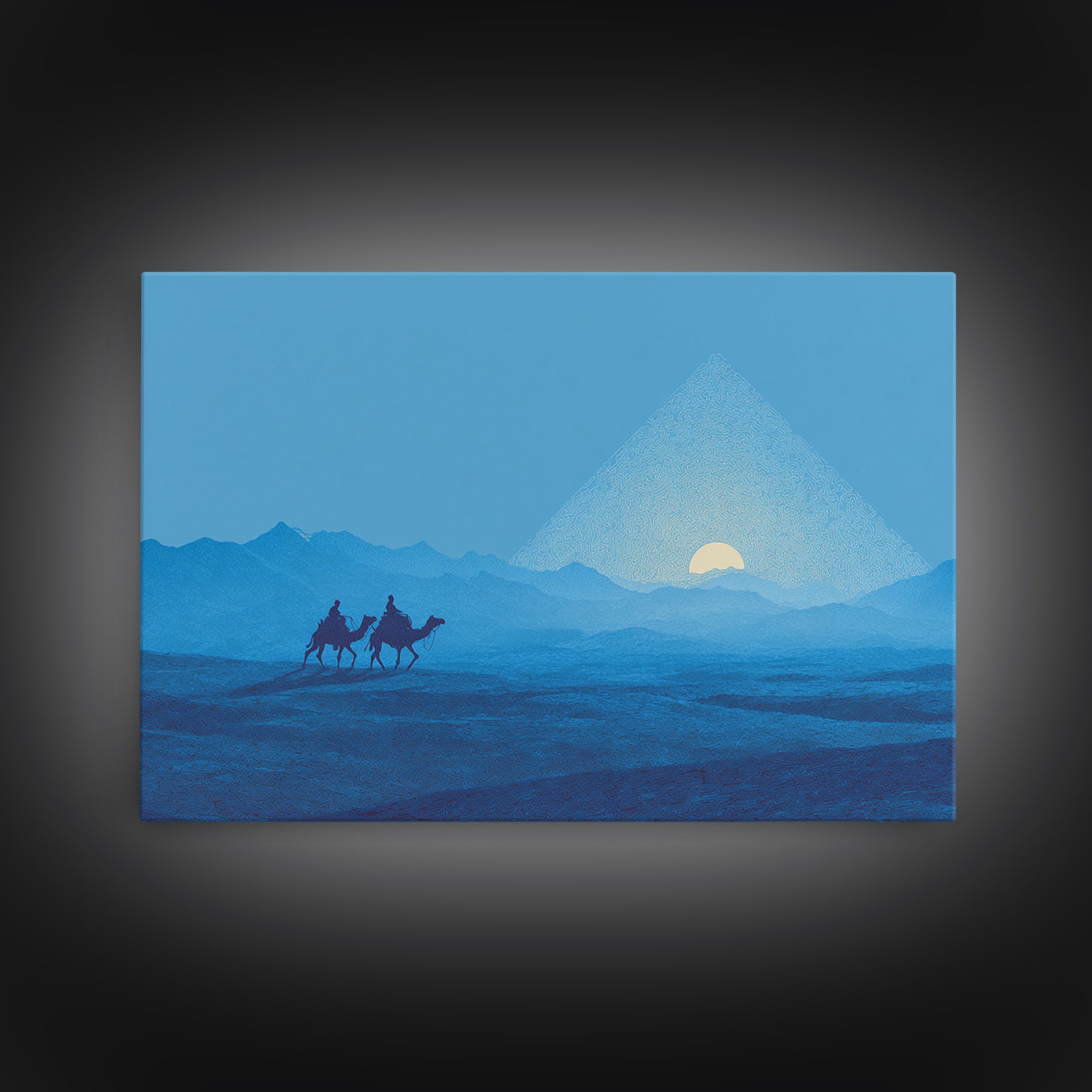 Blue Pyramid Camel Caravan At Sunrise Wall Art, African Egyptian Art, Minimalist Desert Poster, Travel Canvas Print Home Decor