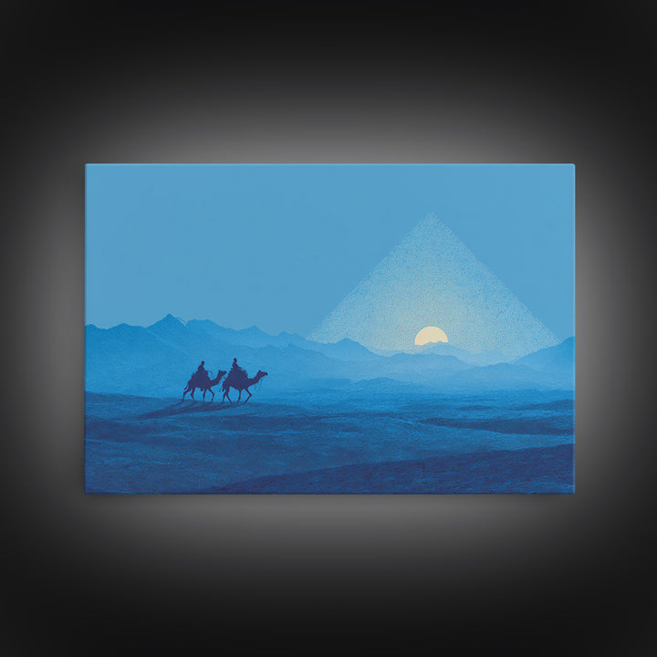 Blue Pyramid Camel Caravan At Sunrise Wall Art, African Egyptian Art, Minimalist Desert Poster, Travel Canvas Print Home Decor