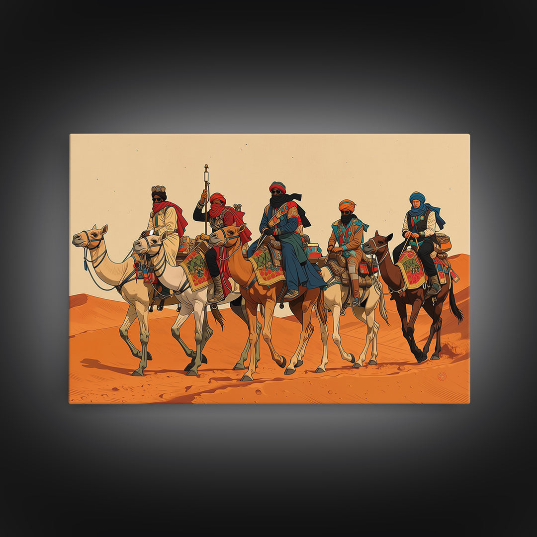 Tuareg Camel Caravan In Sahara Desert Wall Art, African Warrior Art, African Safari Decor, Boho Living Room Canvas Print