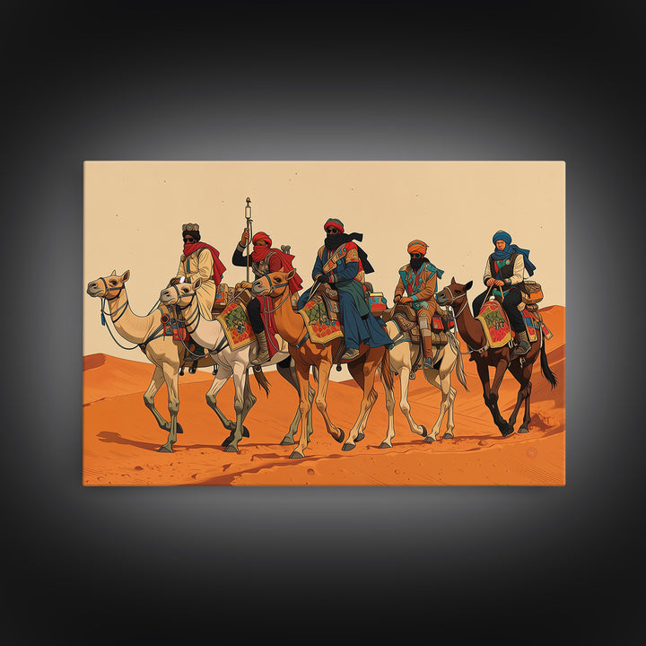 Tuareg Camel Caravan In Sahara Desert Wall Art, African Warrior Art, African Safari Decor, Boho Living Room Canvas Print