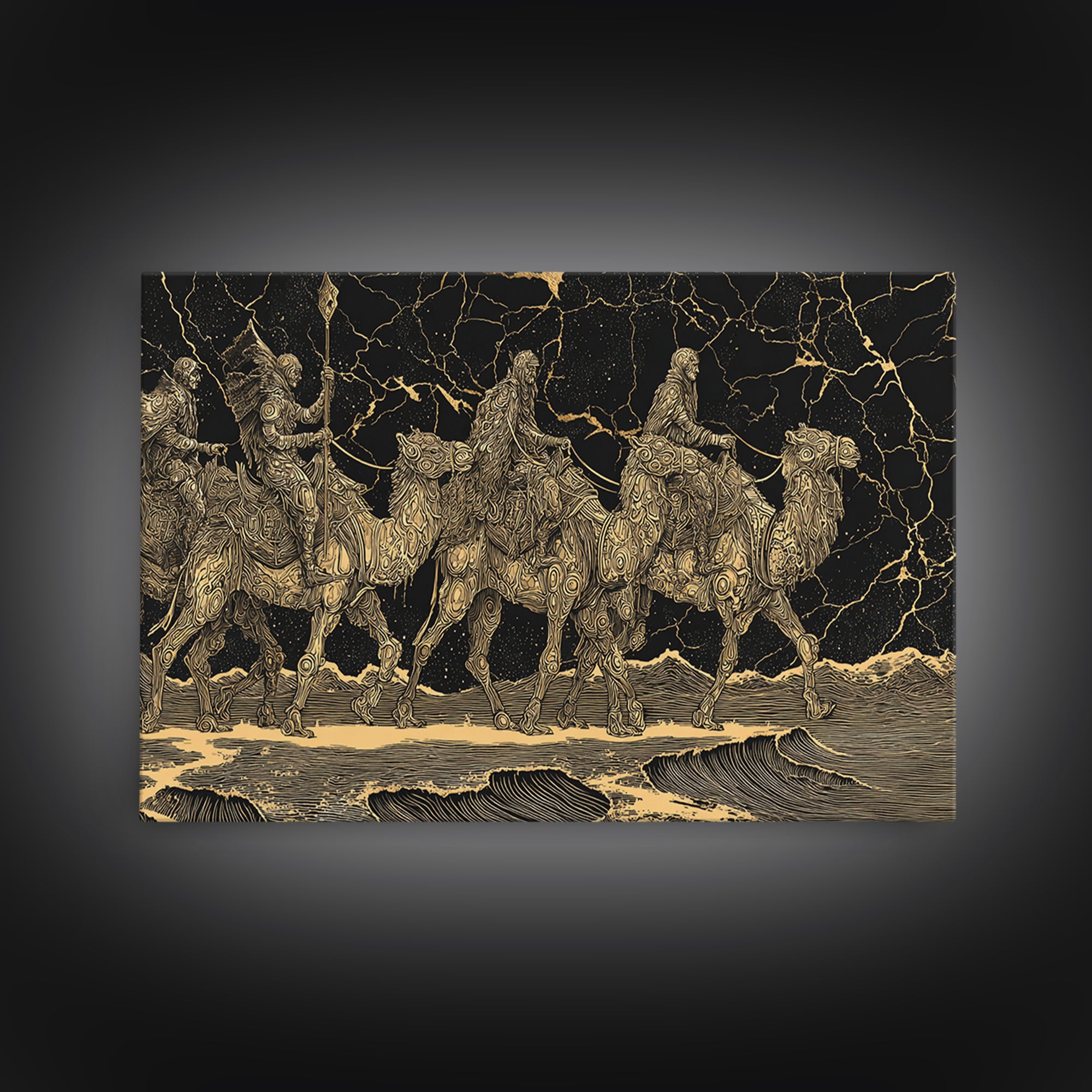 Gold Engraved Camel Caravan On Black Stone Wall Art, African Art Print, Desert Travel Decor, Luxury Canvas Print For Office Decor
