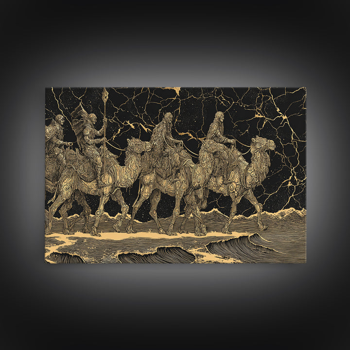 Gold Engraved Camel Caravan On Black Stone Wall Art, African Art Print, Desert Travel Decor, Luxury Canvas Print For Office Decor