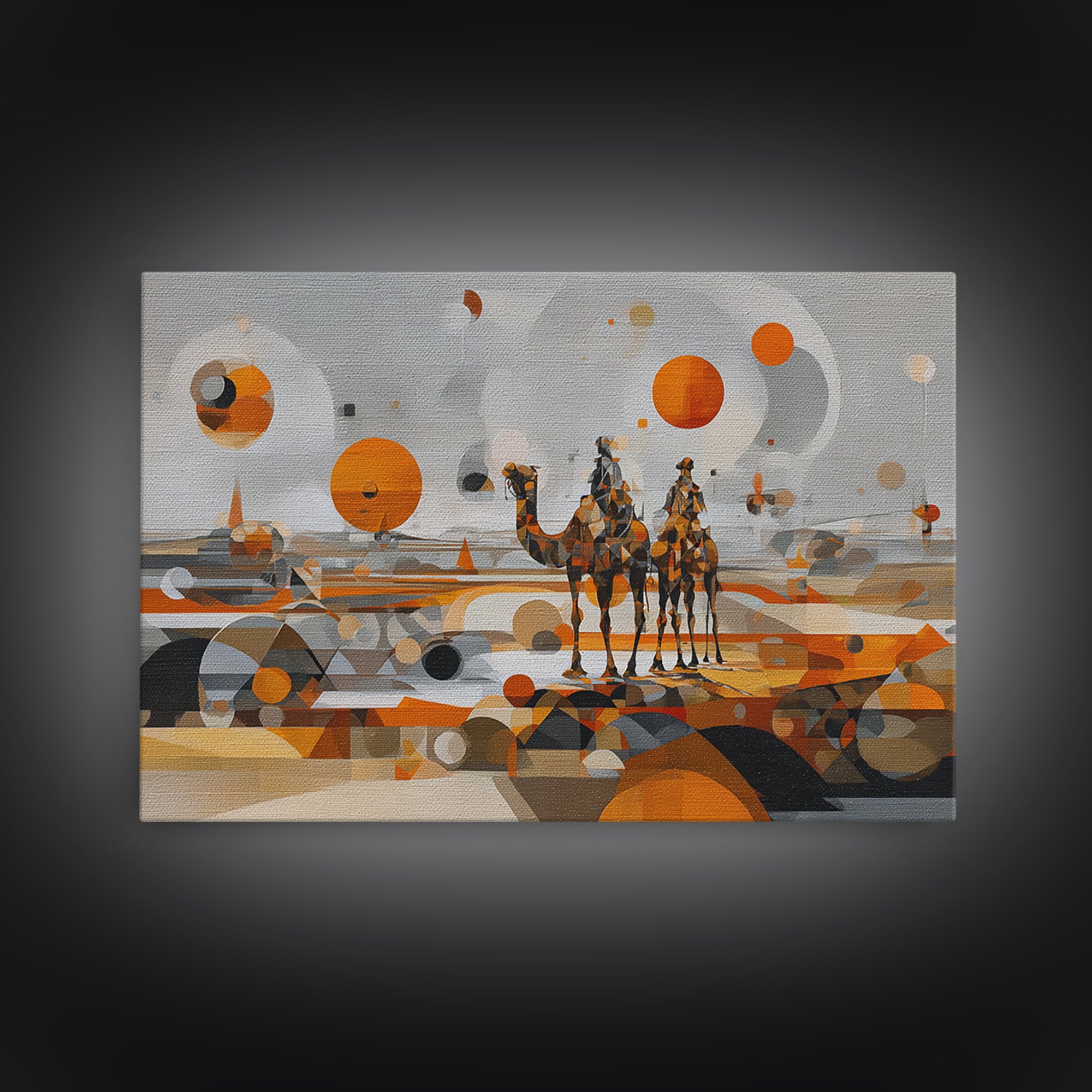 Abstract Geometric Camel Caravan In Orange Desert Wall Art, Modern African Art, Boho Living Room Decor, Canvas Print Gift