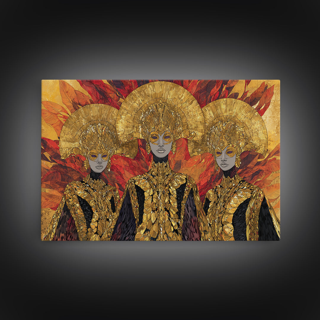 Three Golden African Queens With Leaf Crowns Wall Art, Black Woman Art, Afrocentric Decor, Luxury Framed Canvas Print Gift