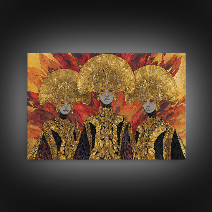 Three Golden African Queens With Leaf Crowns Wall Art, Black Woman Art, Afrocentric Decor, Luxury Framed Canvas Print Gift