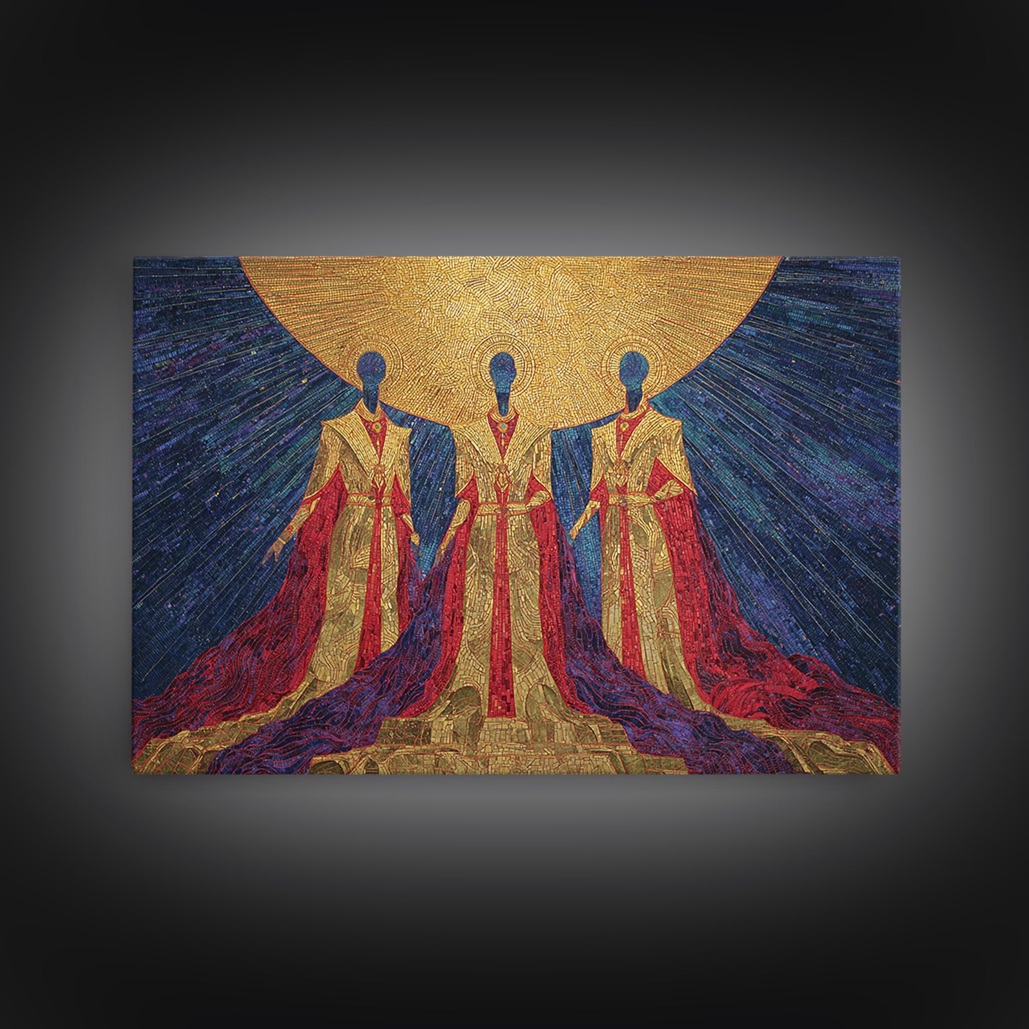 Celestial African Trinity Under Golden Sun Wall Art, Spiritual Afrocentric Art, Black Goddess Decor, Framed Canvas Print