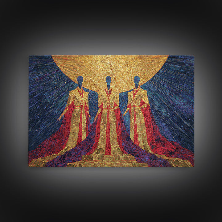 Celestial African Trinity Under Golden Sun Wall Art, Spiritual Afrocentric Art, Black Goddess Decor, Framed Canvas Print