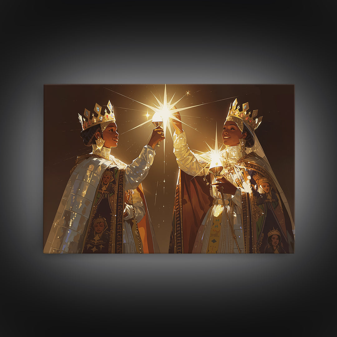 Two Crowned African Queens Toasting Starlight Wall Art, Black Women Art, Elegant Gold Decor, Premium Canvas Print For Her
