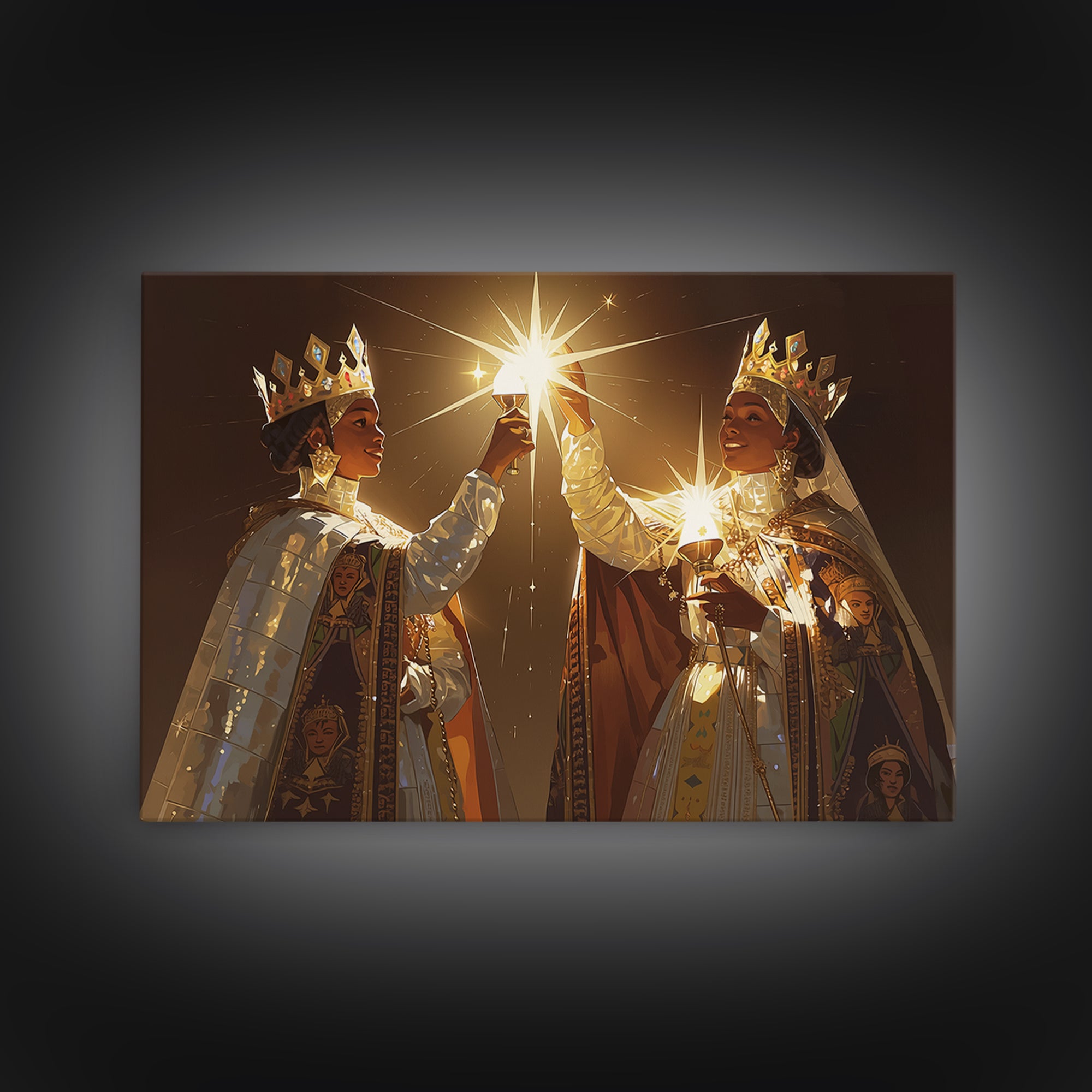 Two Crowned African Queens Toasting Starlight Wall Art, Black Women Art, Elegant Gold Decor, Premium Canvas Print For Her