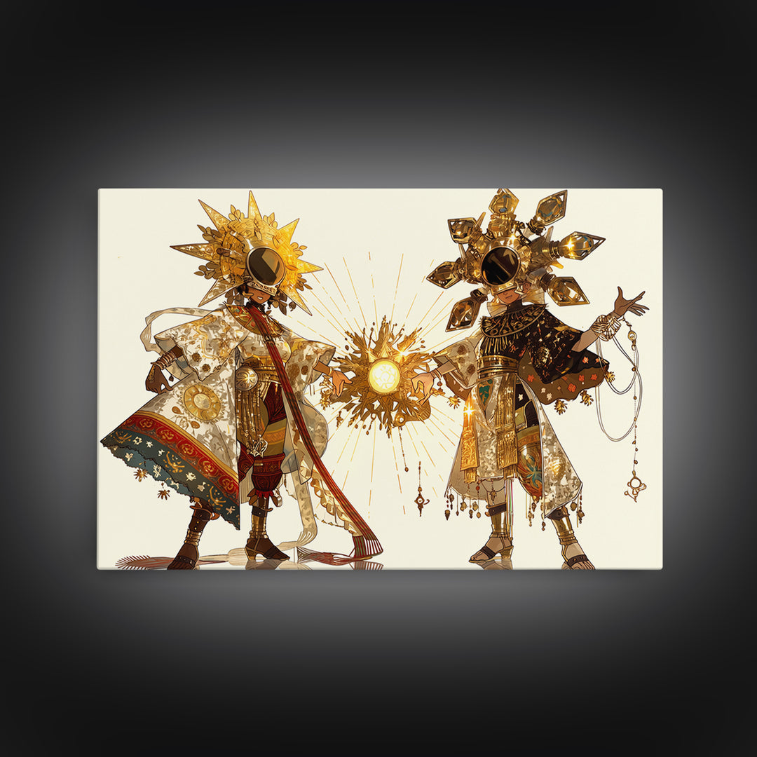 Sun And Moon African Deities In Ornate Gold Costumes Wall Art, Afrocentric Art, Spiritual Decor, Framed Canvas Print Gift