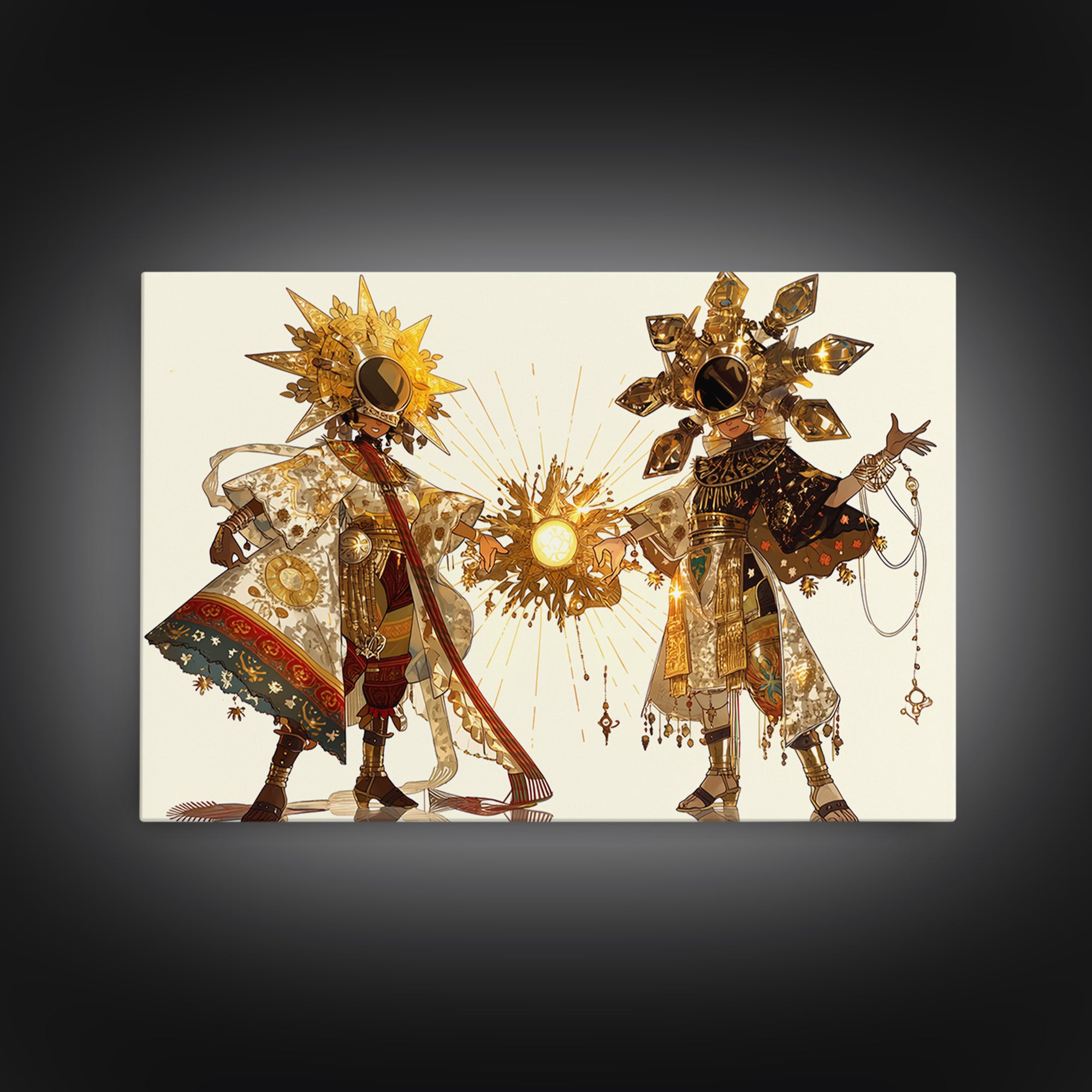 Sun And Moon African Deities In Ornate Gold Costumes Wall Art, Afrocentric Art, Spiritual Decor, Framed Canvas Print Gift
