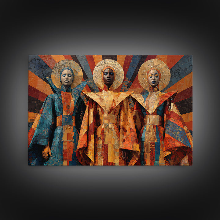 Afrofuturist African Queens In Geometric Robes Wall Art, Modern Black Art, Cultural Home Decor, Framed Canvas Print Gift
