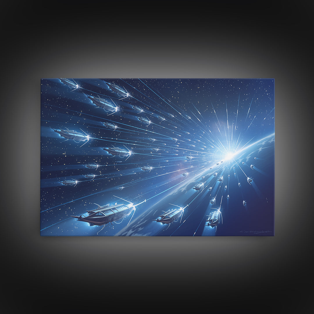 Blue Starship Fleet Racing Toward Sunrise Wall Art, Afrofuturism Decor, Sci Fi Space Art, Modern Canvas Print For Office Decor
