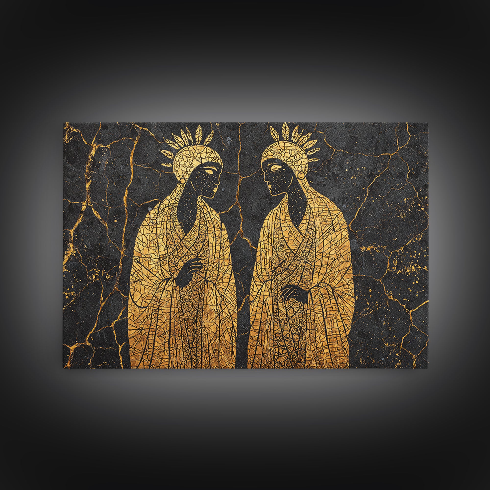 Gold Mosaic Sacred African Figures On Black Stone Wall Art, Spiritual Wall Decor, Black And Gold Art, Framed Canvas Print