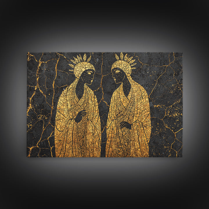 Gold Mosaic Sacred African Figures On Black Stone Wall Art, Spiritual Wall Decor, Black And Gold Art, Framed Canvas Print
