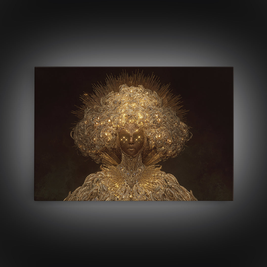Golden Halo African Queen Portrait, Ornate Black Goddess Wall Art, Afrocentric Decor, Luxury Canvas, Black Beauty Gift Print
