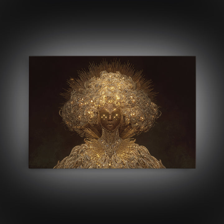 Golden Halo African Queen Portrait, Ornate Black Goddess Wall Art, Afrocentric Decor, Luxury Canvas, Black Beauty Gift Print