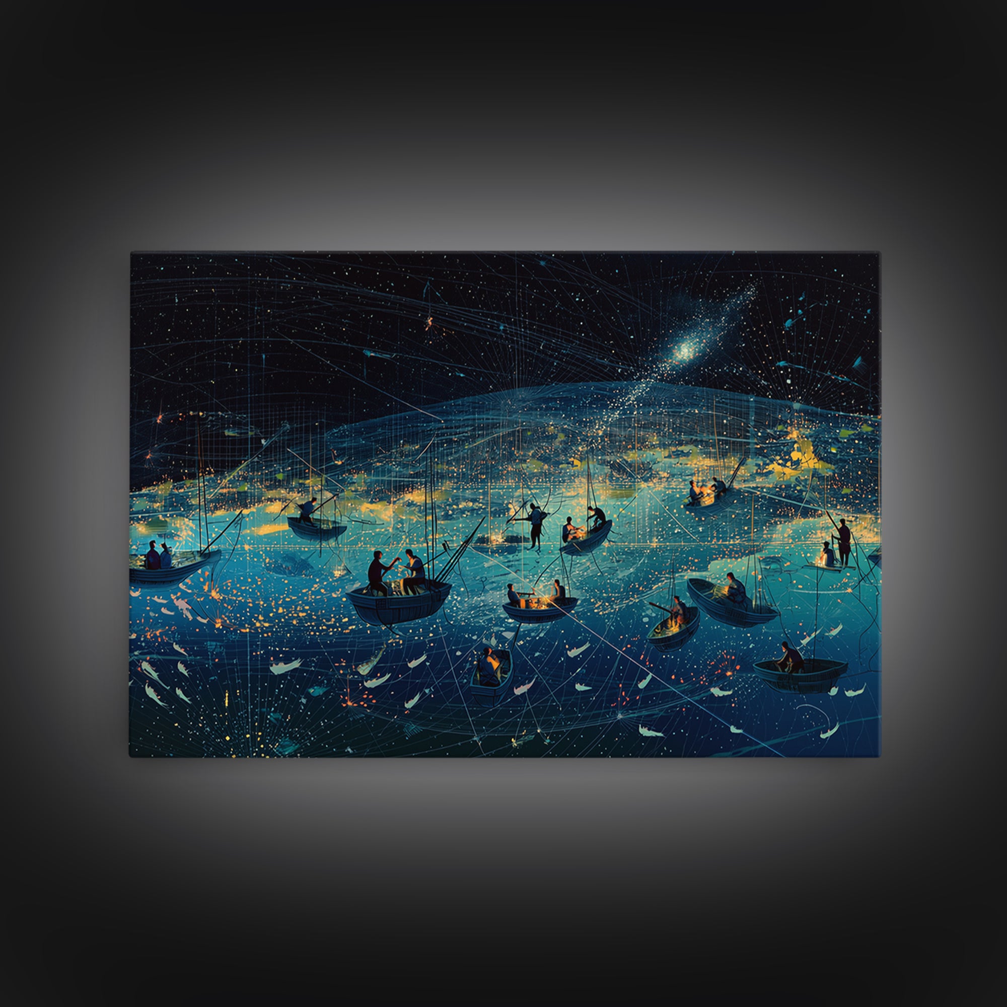 Starry Night African Fishing Boats, Dreamy Ocean Wall Art, Coastal Safari Decor, Framed Canvas Print For Living Room Gift