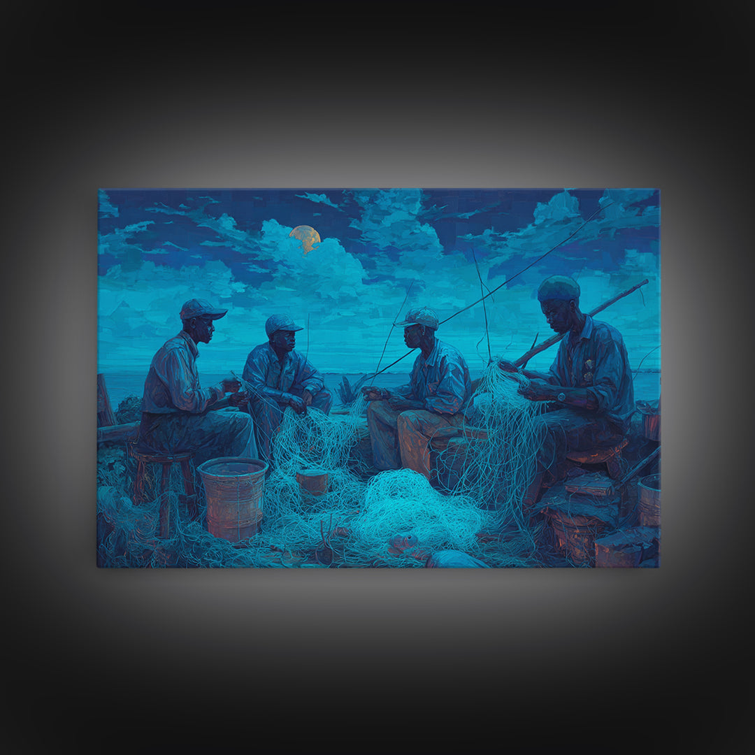 Moonlit African Fishermen Mending Nets, Blue Coastal Wall Art, Afrocentric Painting, Cultural Decor, Fishing Village Print