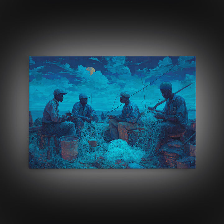 Moonlit African Fishermen Mending Nets, Blue Coastal Wall Art, Afrocentric Painting, Cultural Decor, Fishing Village Print