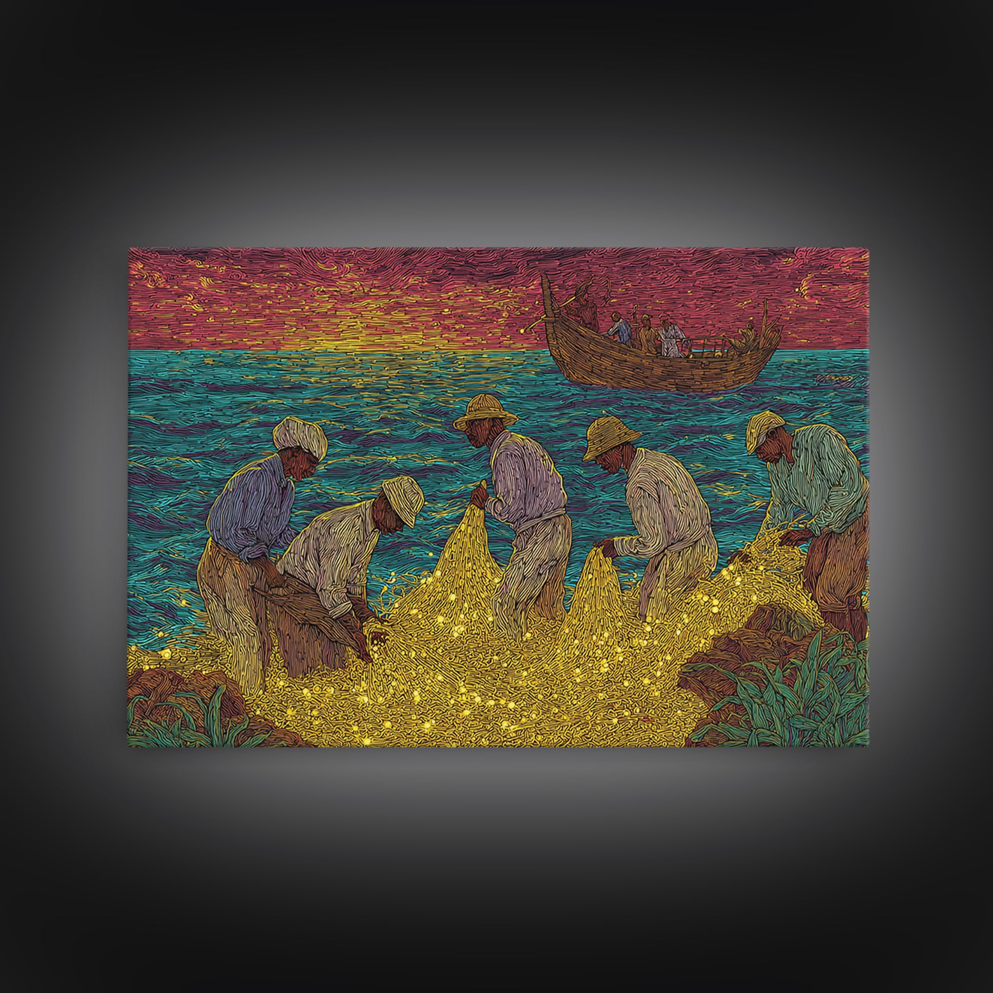 Golden Net Fishermen At Vibrant Sunset, African Wall Art, Coastal Canvas Print, Colorful Cultural Decor, Fishing Village