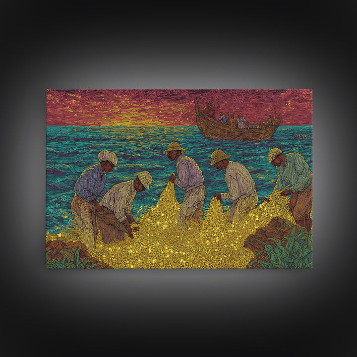Golden Net Fishermen At Vibrant Sunset, African Wall Art, Coastal Canvas Print, Colorful Cultural Decor, Fishing Village