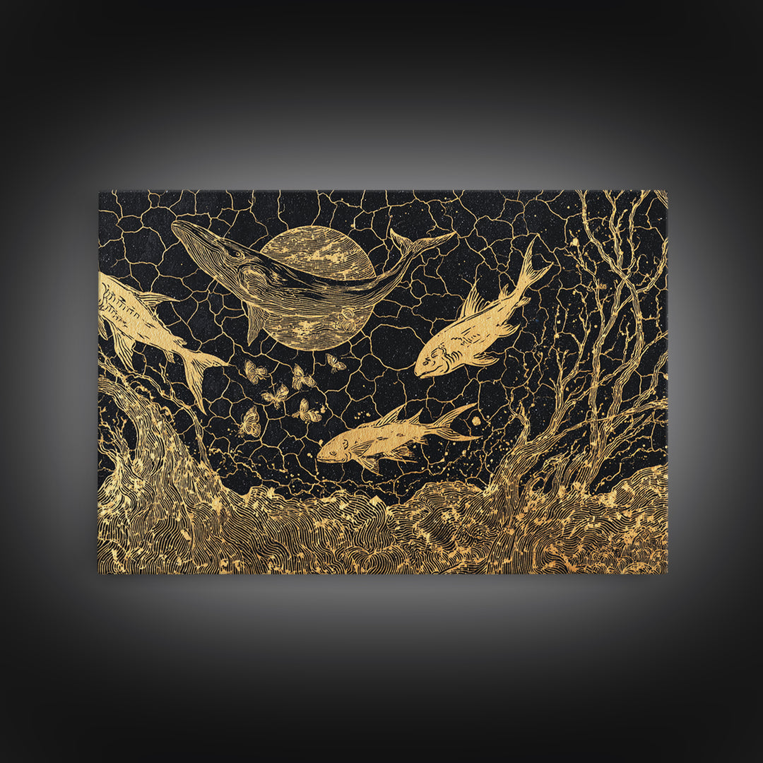 Gold Fish And Whale Underwater Scene, Black And Gold Wall Art, Ocean Canvas Print, Mystical Nature Decor, Unique Gift For Home