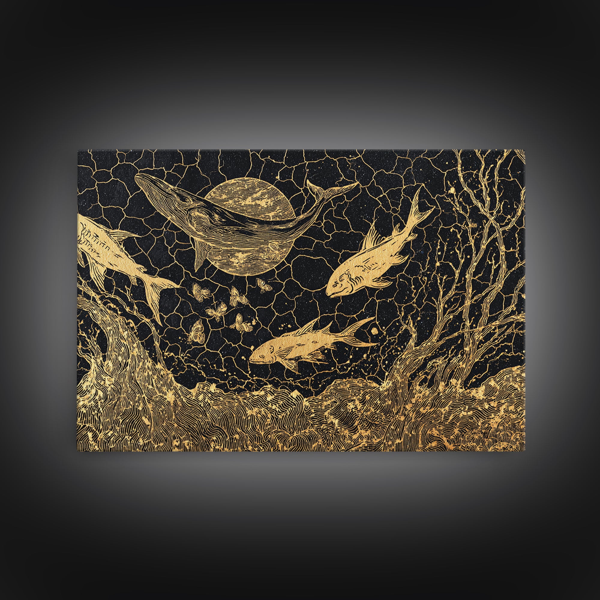Gold Fish And Whale Underwater Scene, Black And Gold Wall Art, Ocean Canvas Print, Mystical Nature Decor, Unique Gift For Home