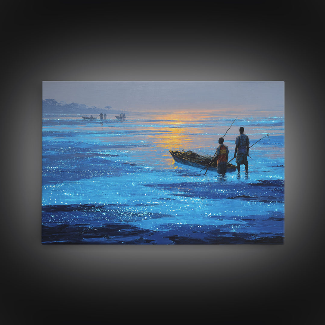 Blue Dawn Fishermen With Boat On Shimmering Water, African Wall Art, Coastal Canvas Print, Serene Living Room Decor Gift