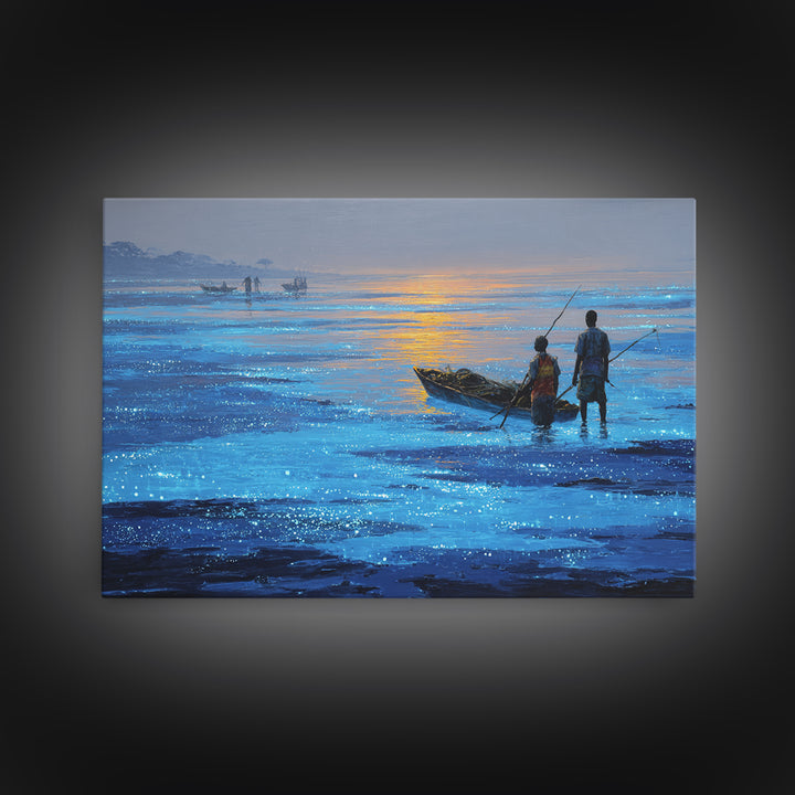 Blue Dawn Fishermen With Boat On Shimmering Water, African Wall Art, Coastal Canvas Print, Serene Living Room Decor Gift
