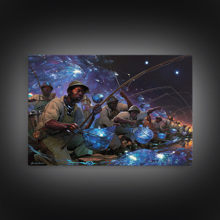 Afrofuturist Fishermen Catching Glowing Fish, Starry Night Canvas Print, African Wall Art, Bold Black Culture Decor Gift
