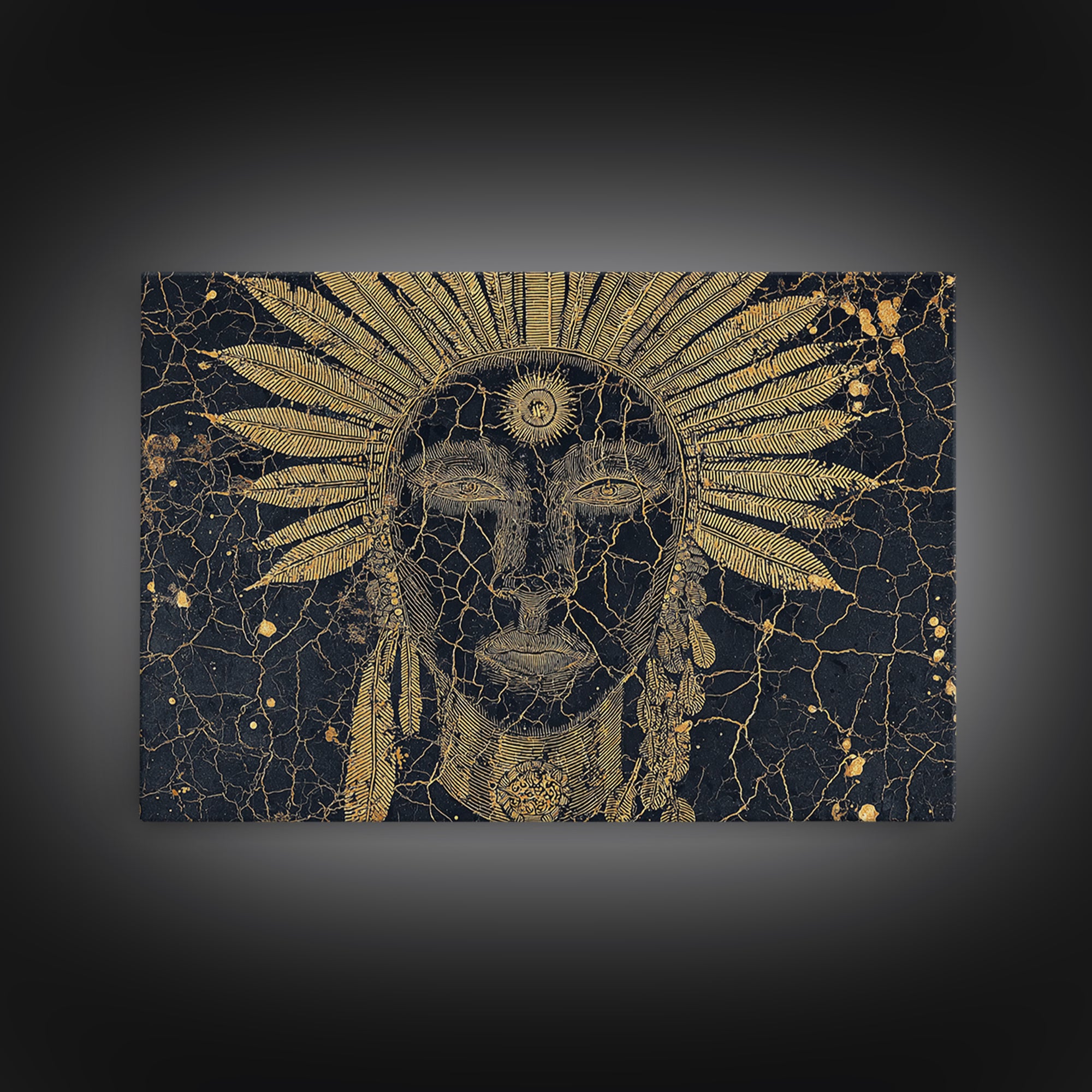 Gold Sun Headdress Tribal Face Portrait, Black And Gold Wall Art, African Mask Canvas Print, Spiritual Cultural Decor Gift