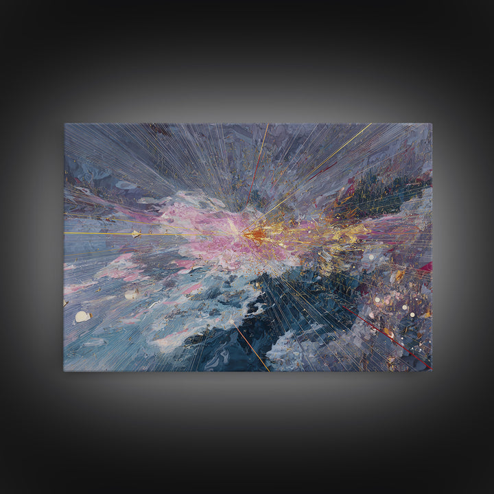 Abstract Cosmic Burst Canvas Print, Blue Pink Gold Textured Painting, Modern Abstract Wall Art, Luxury Home Decor Gift For Living Room