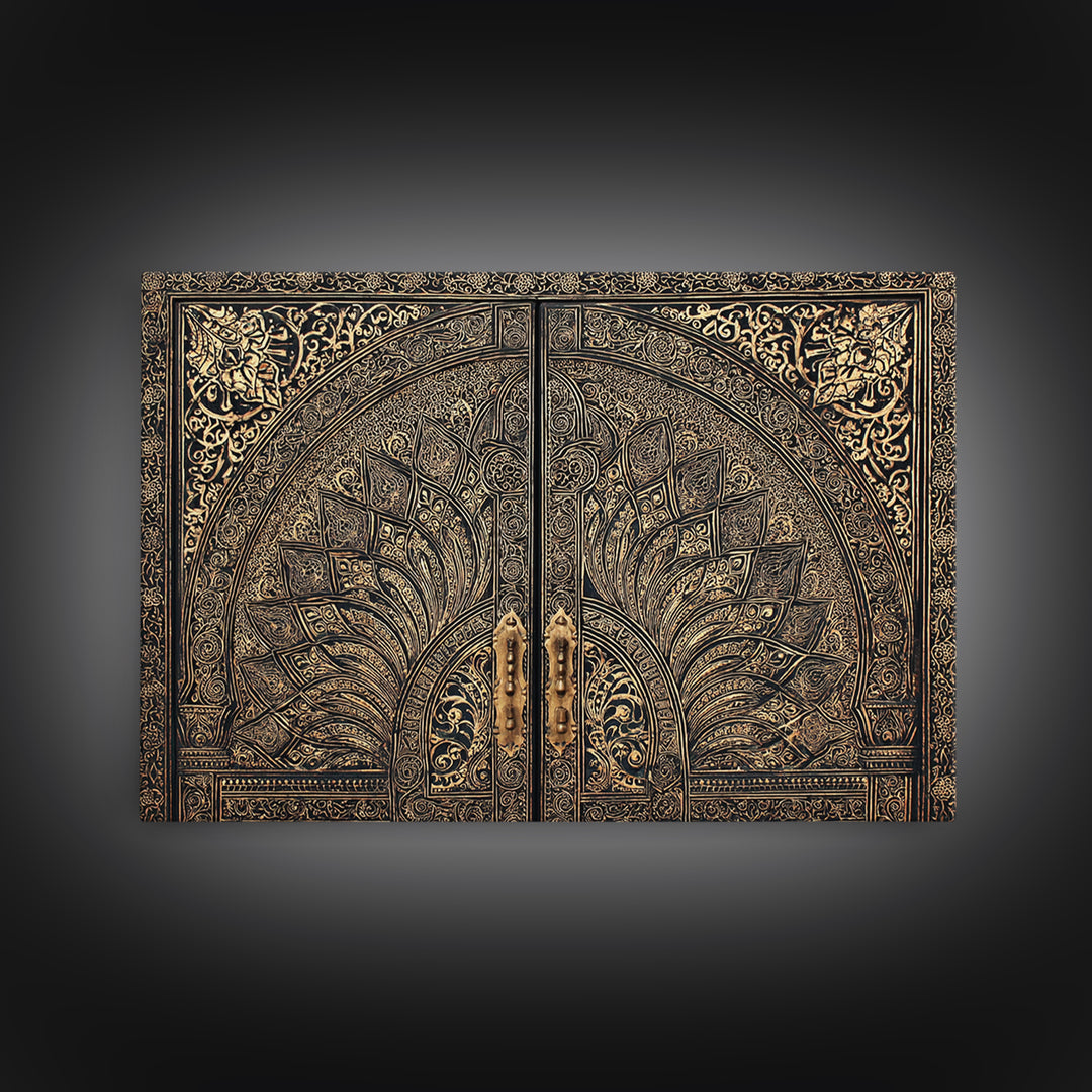 Ornate Black Gold Door Canvas Print, Moroccan Inspired Geometric Pattern Wall Art, Elegant Home Decor, Luxury Art Gift For Office