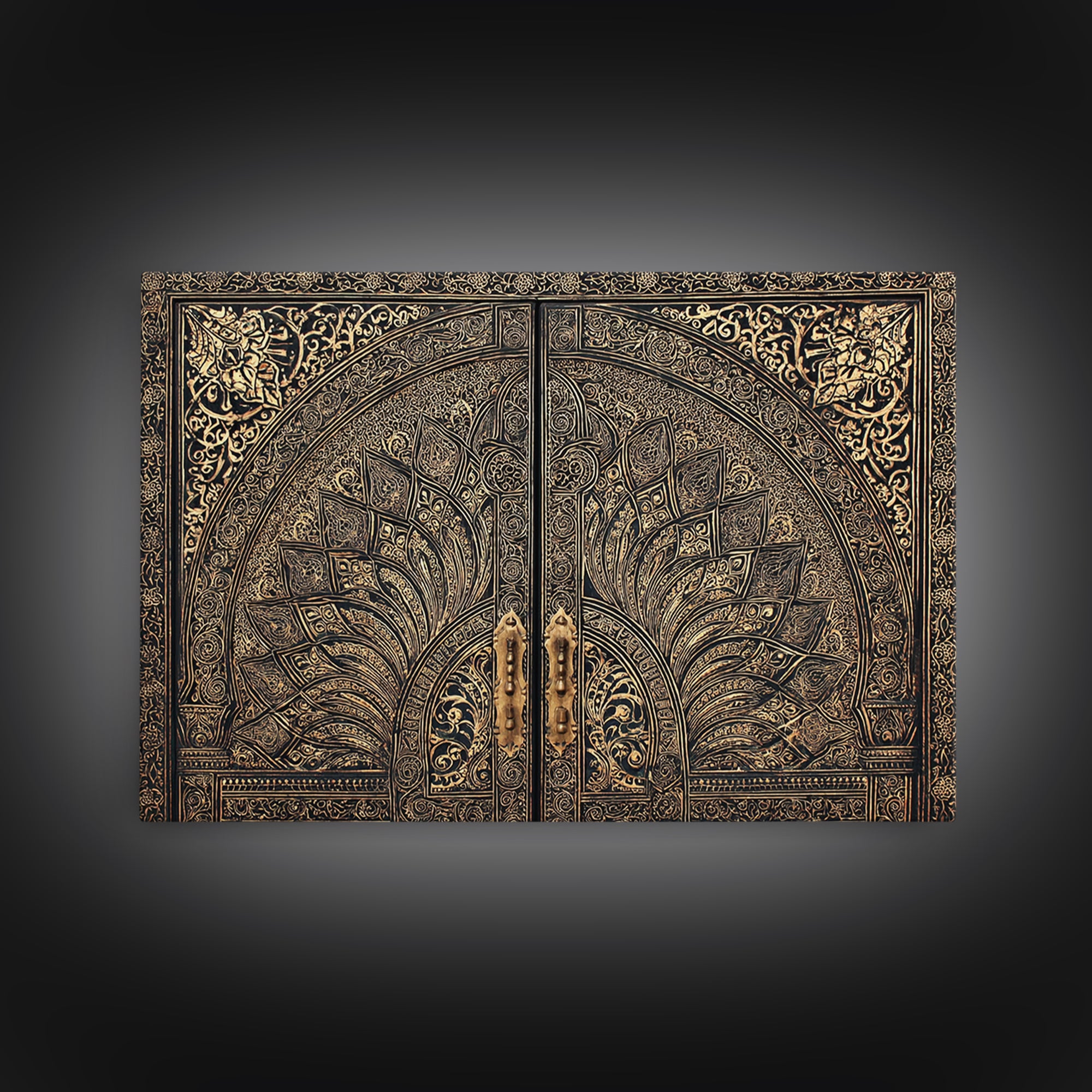 Ornate Black Gold Door Canvas Print, Moroccan Inspired Geometric Pattern Wall Art, Elegant Home Decor, Luxury Art Gift For Office