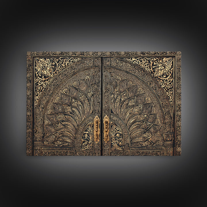 Ornate Black Gold Door Canvas Print, Moroccan Inspired Geometric Pattern Wall Art, Elegant Home Decor, Luxury Art Gift For Office